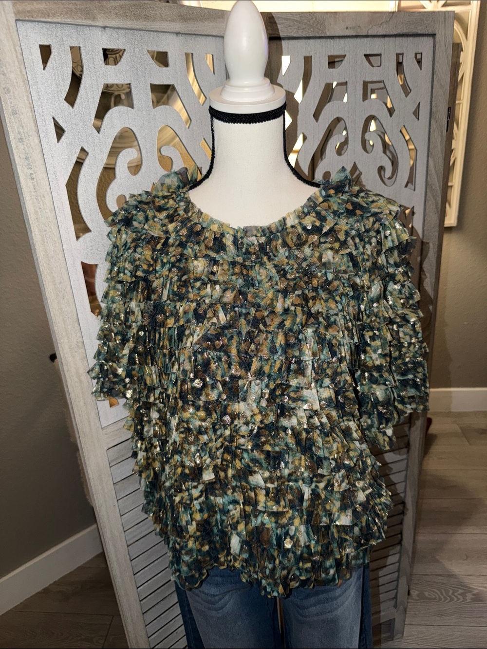 Chico's Ruffled Short-Sleeve Top in Green Multi